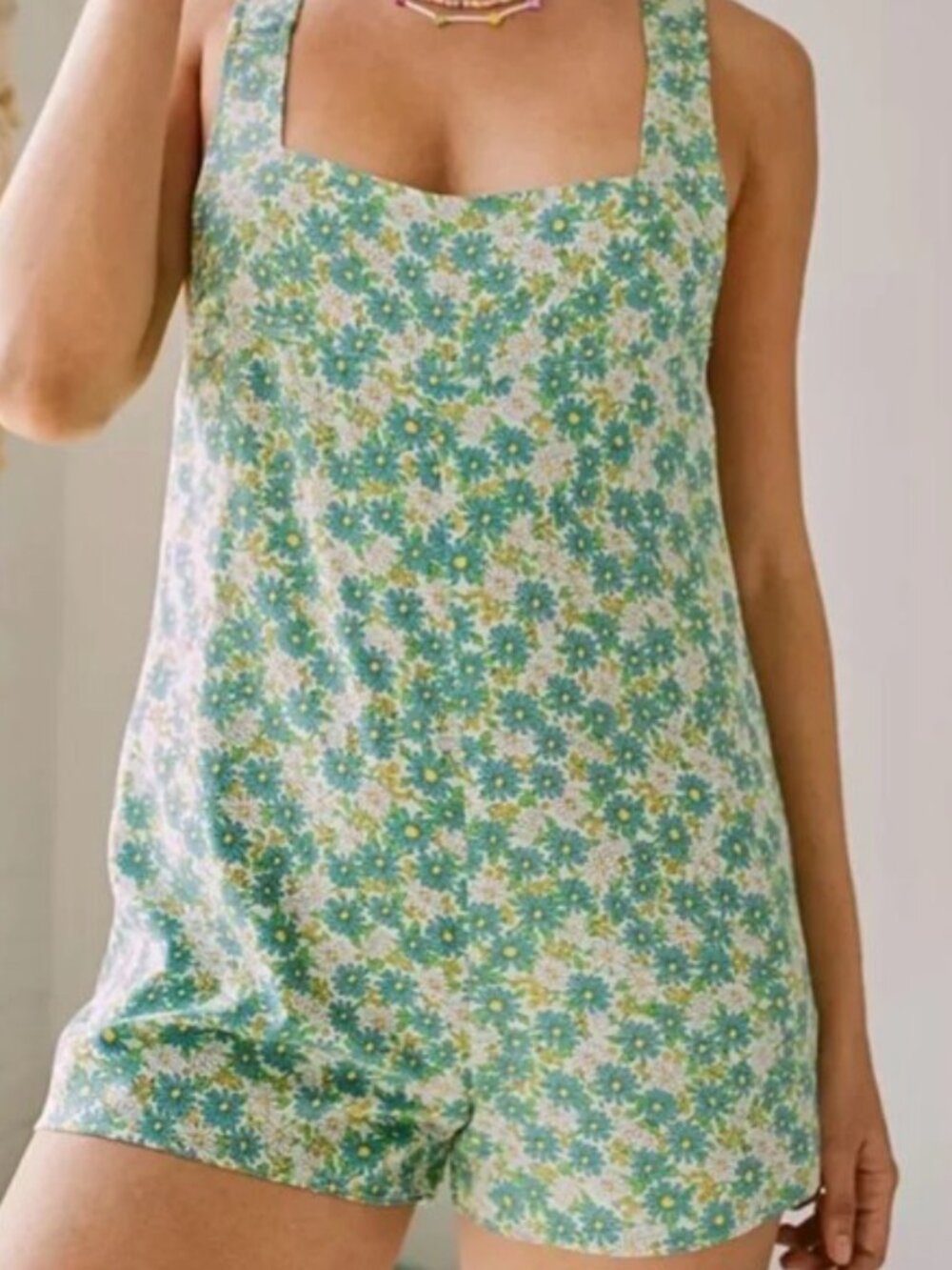 URBAN OUTFITTERS FLORAL OVERALL-STYLE SHORTALL ROMPER (MEDIUM)